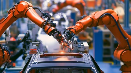 Poster - futuristic robotic automobile assembly line with intelligent iot technology for seamless manufacturi