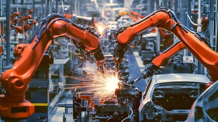 Poster - photograph of a state of the art automotive assembly line featuring advanced robotic arms working on