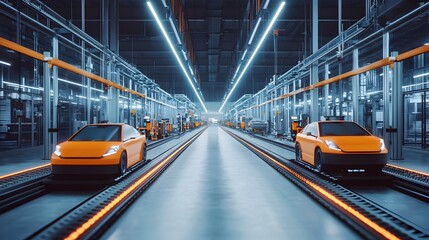 Poster - autonomous vehicles transporting parts between stations on a futuristic car factory floor utilizing 