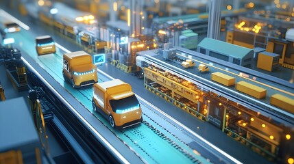 Poster - autonomous vehicles transporting parts between stations on a car factory floor showcasing the utiliz