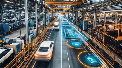 Poster - photograph showcasing a smart logistics system within an automobile factory leveraging iot technolog
