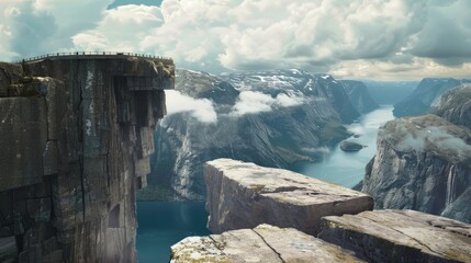 Wall Mural - Dramatic cliffside overlooking a fjord with snow-capped mountains and clouds.