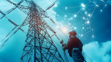 Poster - photograph of high voltage power poles being installed in a rural countryside setting incorporating 