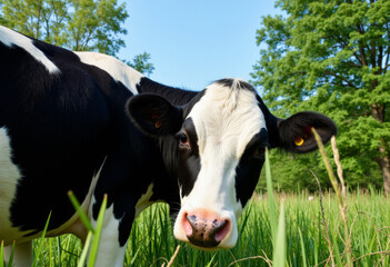 A black and white cow standing in a field of tall grass.