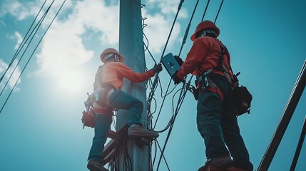 Poster - a team of professional workers using advanced iot devices and equipment to install and maintain high