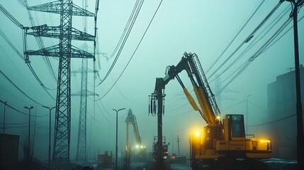 Poster - high voltage power poles being raised using advanced iot controlled machinery showcasing infrastruct