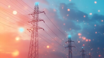 Poster - aerial view of high voltage power poles being aligned and optimized using iot technology and data an