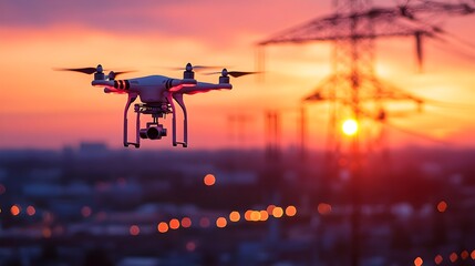Poster - aerial view of iot enabled drones inspecting and monitoring high voltage power poles during installa