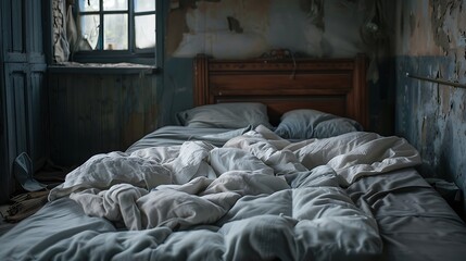 Wall Mural - A comfy bed in a desolate town with covers and gray fabric