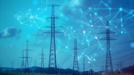 Wall Mural - High Voltage Power Transmission Towers Precisely Aligned Using IoT Sensors and Data Analytics for Optimized Smart Grid Infrastructure and Energy Efficiency