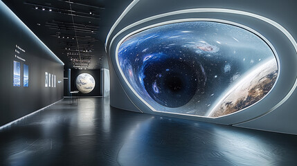 Aufkleber - A black hole installation in a museum gallery, the rotating ceiling simulates the distorted space near the black hole, the booth carries out the popularization of the content of the black hole.