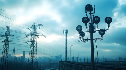 Poster - iot sensors capturing weather conditions during the installation of high voltage power poles for ele