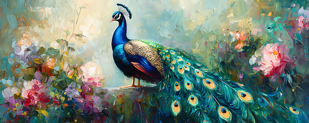 Illustration beautiful peacock with feathers out painting.