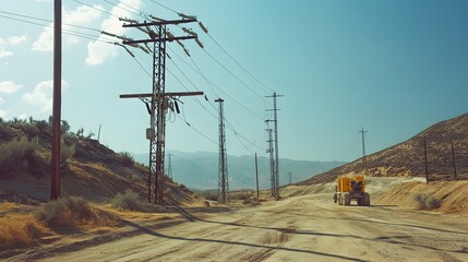 Poster - high voltage power grid expansion with iot technology being installed in a remote rural landscape wi