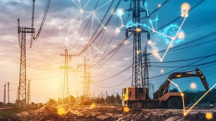 Poster - high voltage power poles being installed in a remote countryside using advanced iot monitoring and c