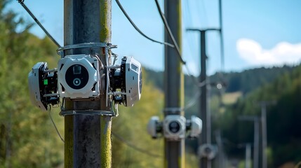 Poster - smart sensors attached to high voltage electricity power poles during installation process with ampl