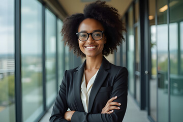 portrait of successful businesswoman consultant looking at camera and smiling inside modern office building