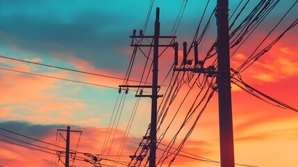 Poster - high voltage power poles connected to a smart grid network during installation with scenic countrysi