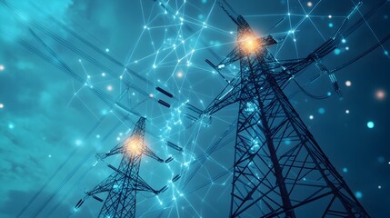 Poster - high voltage power poles connected to smart network during installation with copy space for text or 