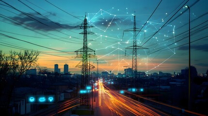 Wall Mural - Photograph capturing the installation of high voltage power poles and grid infrastructure using IoT technology in an urban city environment with a modern skyline and architectural backdrop