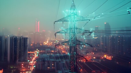 Poster - high voltage power poles being installed in an urban cityscape using advanced iot sensors and automa