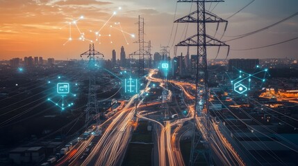 Poster - aerial view of high voltage power poles being installed in a city using internet of things iot autom