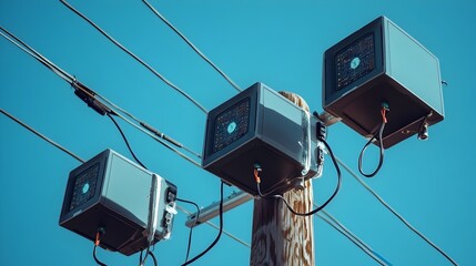 Poster - a photograph showcasing the installation of smart sensors attached to high voltage power poles highl