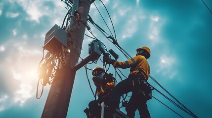 Poster - utility workers wearing smart gloves connected to iot devices working together to install and mainta