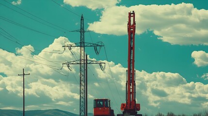 Poster - high voltage power poles being positioned using iot guided machinery in a scenic outdoor landscape w