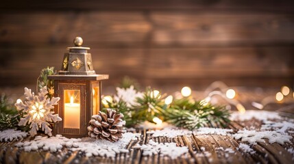 Wall Mural - A candle is lit in a lantern on a wooden table