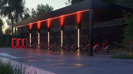 Poster - Electric bikes charging under a modern canopy at dusk.