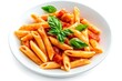 © Fariha - mezze penne with tomato sauce dish, white backgroundmezze penne with tomato sauce dish, white background