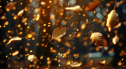 Fototapete - Autumn background, with floating three-dimensional golden notes, the overall picture is a feeling of night. Generative AI.