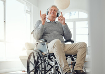 Sticker - Music, smile and wheelchair with senior man in living room of home for break or relax. Headphones, retirement or wellness and happy old person with disability in apartment for radio streaming