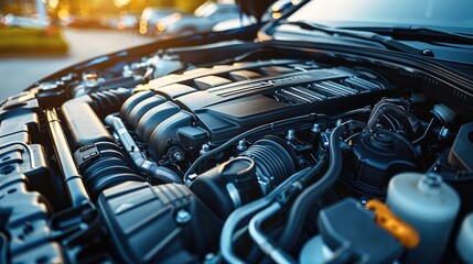Poster - Engine of a modern car with opened hood. Generative AI.