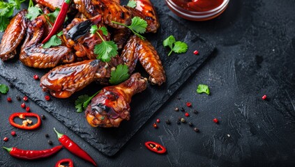 Glazed Chicken Wings with Chili Peppers and Parsley on a Slate Plate