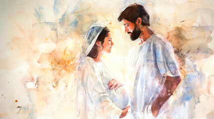 Mary and Joseph gaze lovingly at their unborn child, surrounded by soft colors in a beautiful portrayal of love and anticipation