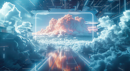 Leinwandbilder - Futuristic scene with a digital transformation concept, showcasing cloud computing, AI, and encryption technologies, emphasizing the future of system engineering. Generative AI.