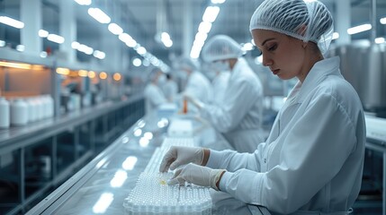 sterile pharmaceutical manufacturing facility with scientists in lab coats, advanced equipment, pill