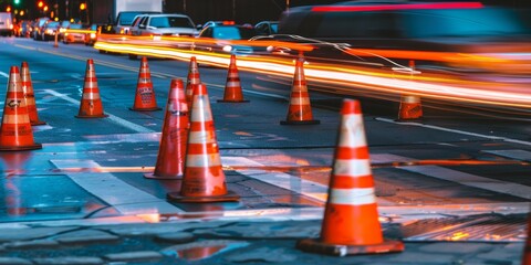 Traffic Cones and Blurred Cars on a Wet Street at Night