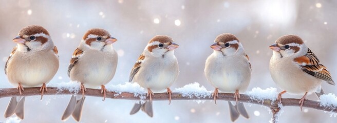 Wall Mural - Five Sparrows Perched on a Snowy Branch