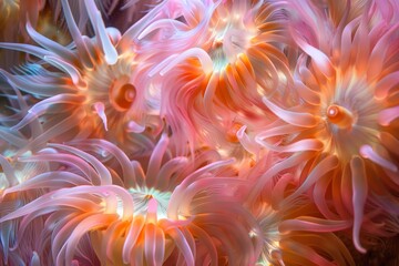 Sticker - A detailed view of a colorful cluster of flowers in close proximity, Soft, waving movements of sea anemones