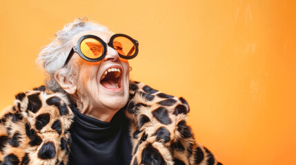 An elderly woman exuberantly celebrates Halloween, dressed as a cat with vibrant orange sunglasses and a playful animal print coat, radiating joy and energy