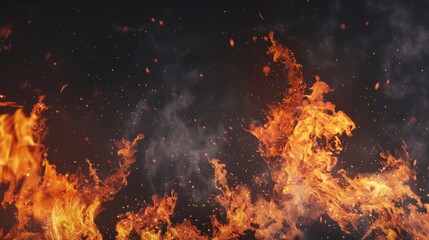 Wall Mural - Fiery orange flames with smoke and sparks against a dark background.