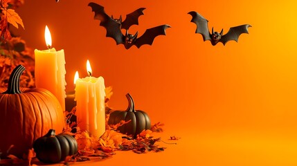 Wall Mural - Halloween Scene with Candles, Pumpkin, and Bats Flying on a Vivid Orange Background. 32k,