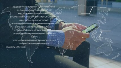 Poster - Holding smartphone, person with world map and data processing animation over