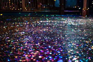 Poster - A floor covered in sparkling confetti and colorful lights creating a vibrant and festive atmosphere, Sparkling confetti scattered across the floor