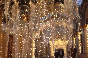 Poster - A building adorned with hanging lights creating a sparkling display, Sparkling decorations of shimmering lights and garlands