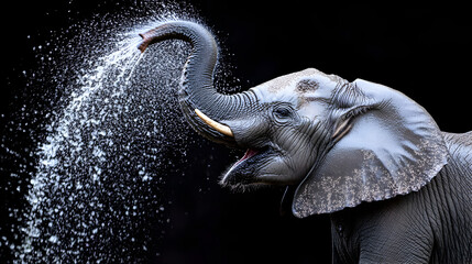 Wall Mural - Powerful Elephant Spraying Water from Trunk in Dramatic Natural Scene