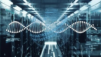 Poster - DNA strand and binary coding animation over data center servers